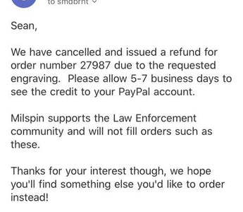 Milspin cancels order that says "F- the police" then sends a mic drop response