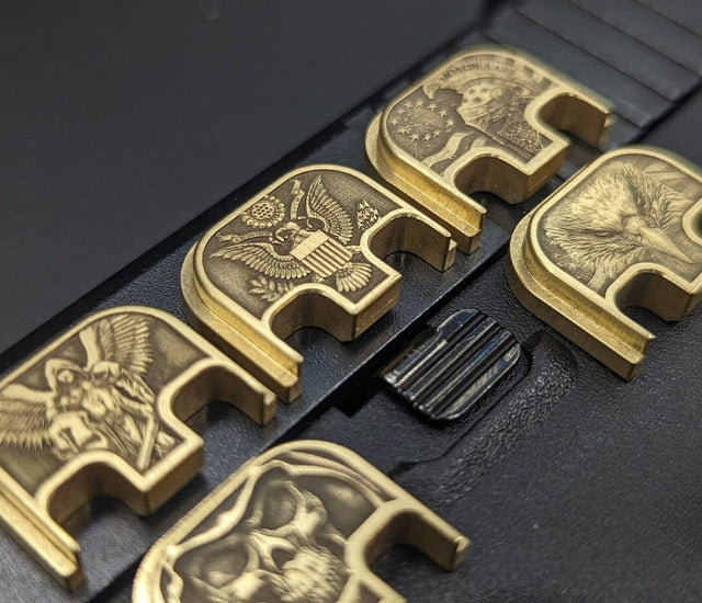 Milspin "Left Facing Knockers" Glock Slide Back Plate - Solid Brass, Standard Fit (G17-G41)