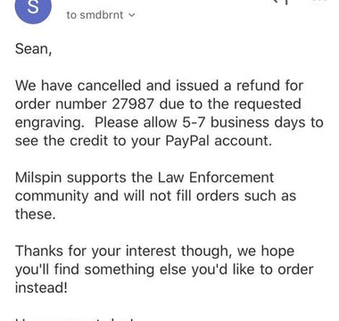 Milspin cancels order that says "F- the police" then sends a mic drop response