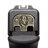 Benjamin Franklin $100 Bill 3D Slide Back Plate Glock Slide Back Plate MilSpin Standard (G17-G41, G45) Black on Brass 
