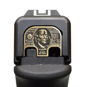 Benjamin Franklin $100 Bill 3D Slide Back Plate Glock Slide Back Plate MilSpin Standard (G17-G41, G45) Black on Brass 