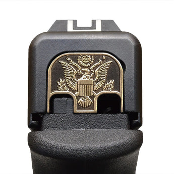 Great Seal of the USA 3D Slide Back Plate Glock Slide Back Plate MilSpin Standard (G17-G41, G45) Black on Brass 