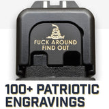 Milspin 'F*ck Around And Find Out' Glock Slide Back Plate – Black Cerakote On Brass, Fits Gens 1-5