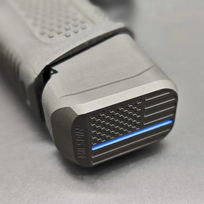 Glock magazine extended base plate with thin blue line flag