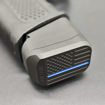 Glock magazine extended base plate with thin blue line flag