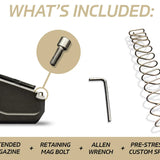 Infographic showing all included parts with Glock magazine extended base plates