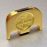 standing gold Glock back plate stamped with “MILSPIN 18K”