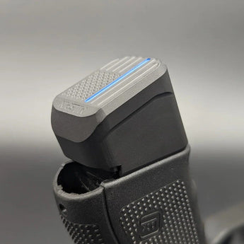 upside-down grip view of Glock magazine extension for sale with Thin Blue Line flag