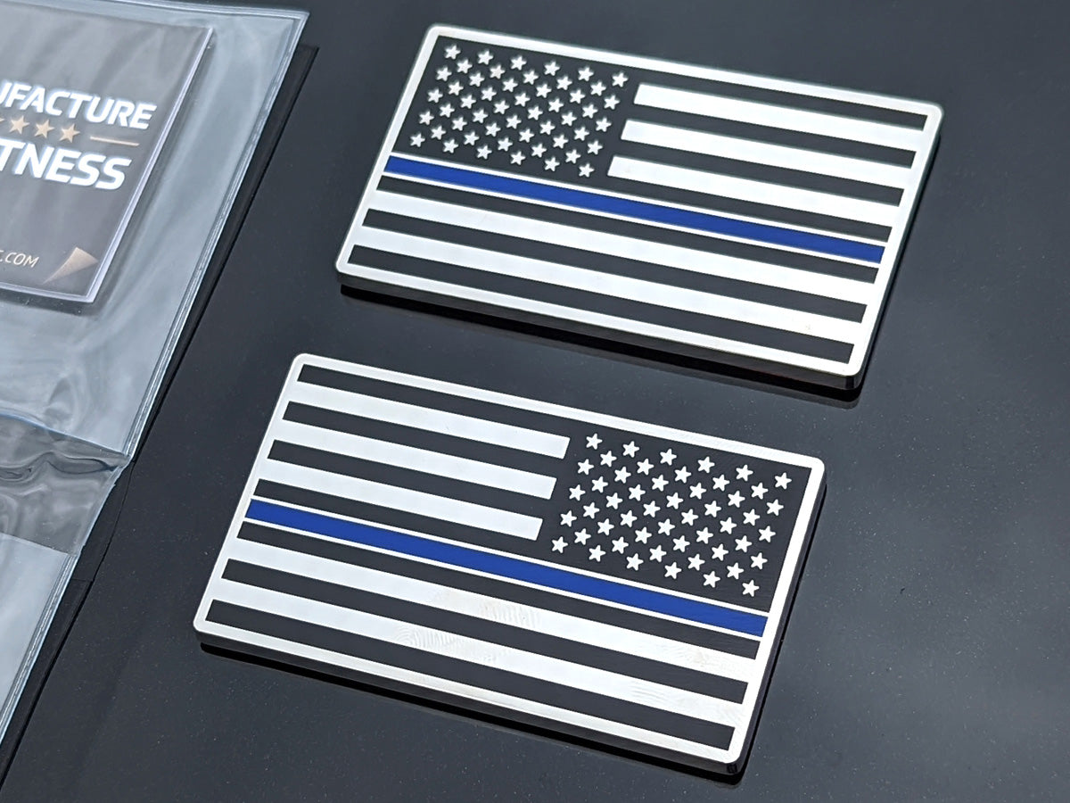 Milspin Thin Blue Line Metal Auto Badge SET (3M, includes both flags as pictured) 3M Auto Badges MILSPIN 
